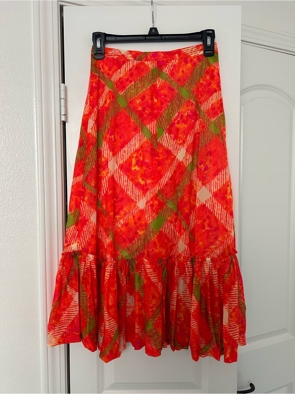 70s/80s Floral Plaid Ruffle Hem Maxi Skirt - Bright Red, Orange & Green